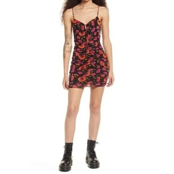 Nordstrom Bp Women's Keyhole Mesh Black Bombshell Floral Mini Dress Size M NWT - Picture 1 of 11